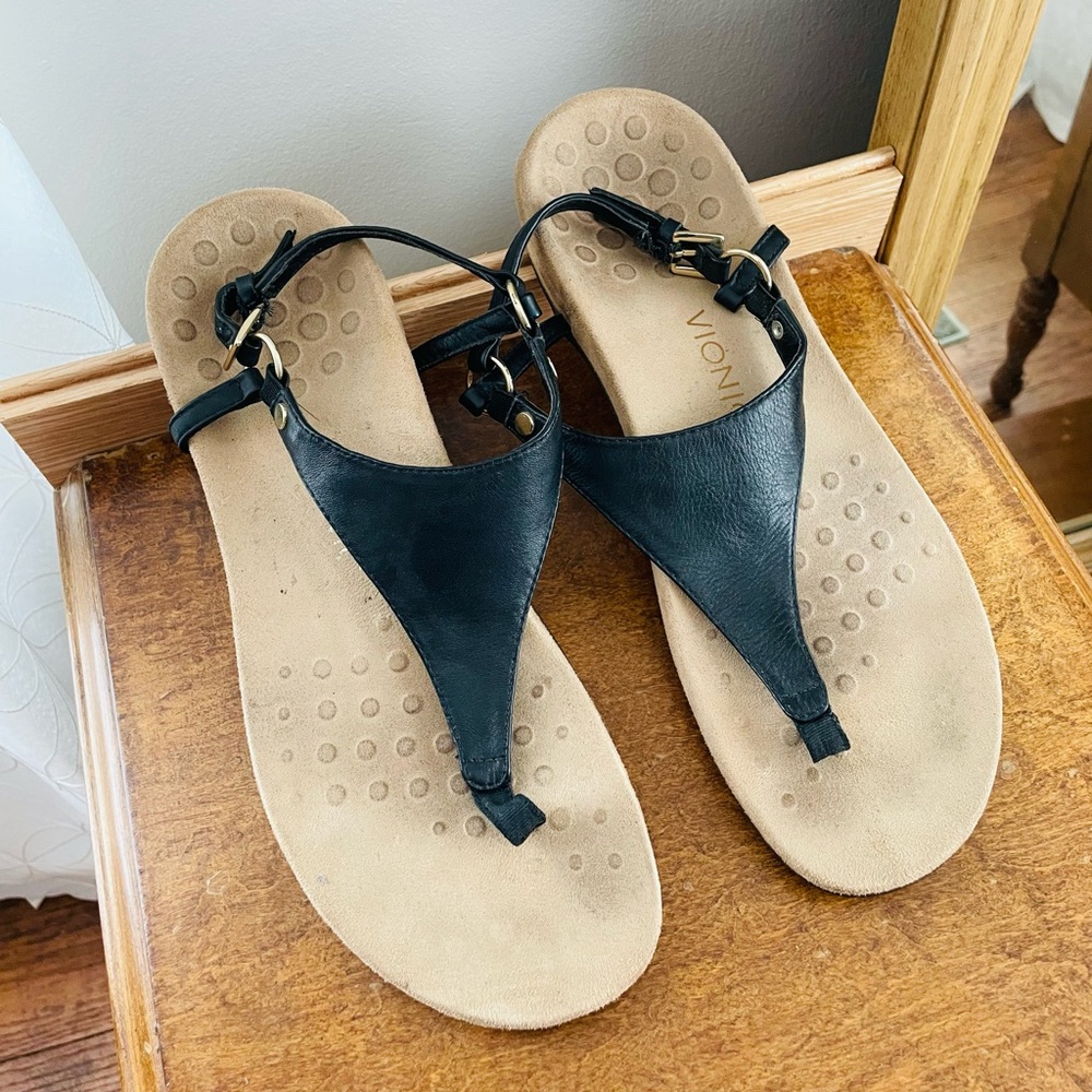 Vionic Black Strap Sandals with Tan Footbed